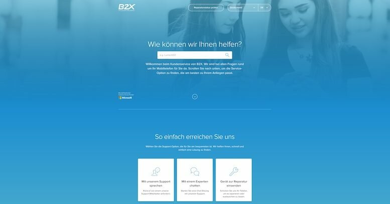 B2X wird Microsofts exklusiver Aftersales-Partner und betreibt weltweiten Kundenservice für Microsoft Lumia Smartphones und andere Mobiltelefone von Microsoft in mehr als 130 Ländern. Mehrsprachige Support-Webseite von B2X für Nutzer von Microsoft-Mobiltelefonen. Quelle: B2X Care Solutions